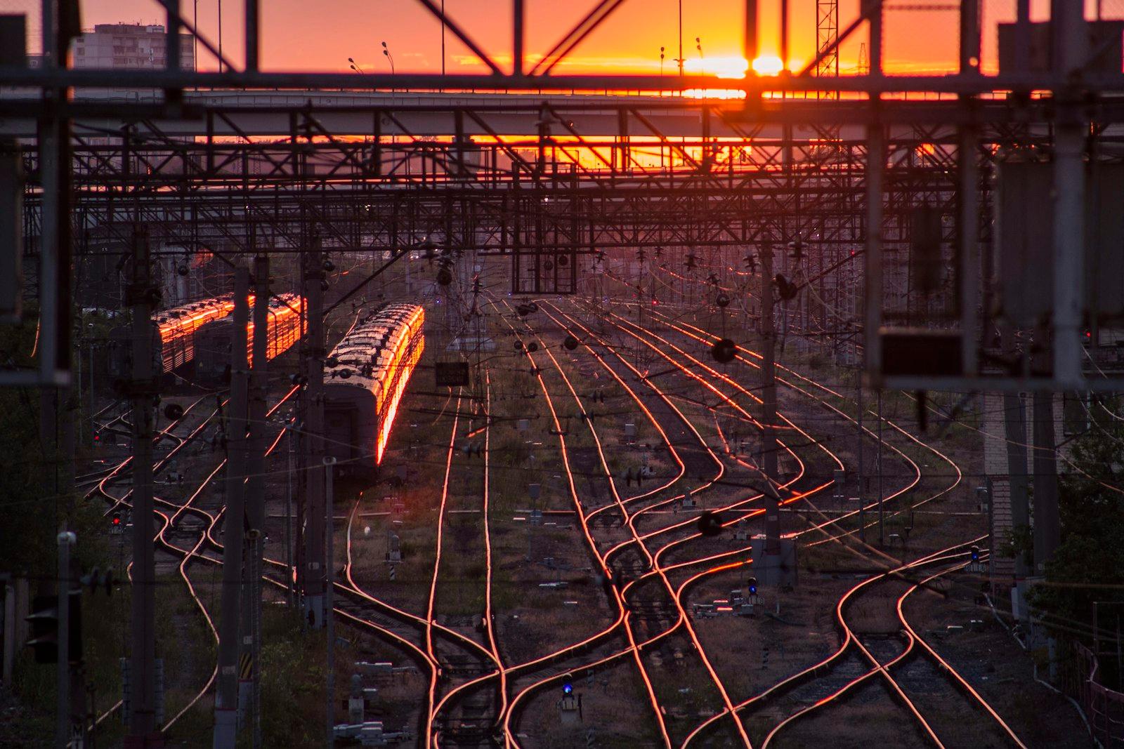 Black Train On Railway During Golden Hour jigsaw puzzle preview