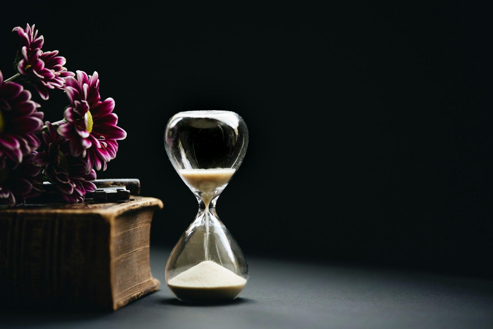 Clear Hour Glass Beside Pink Flowers jigsaw puzzle preview
