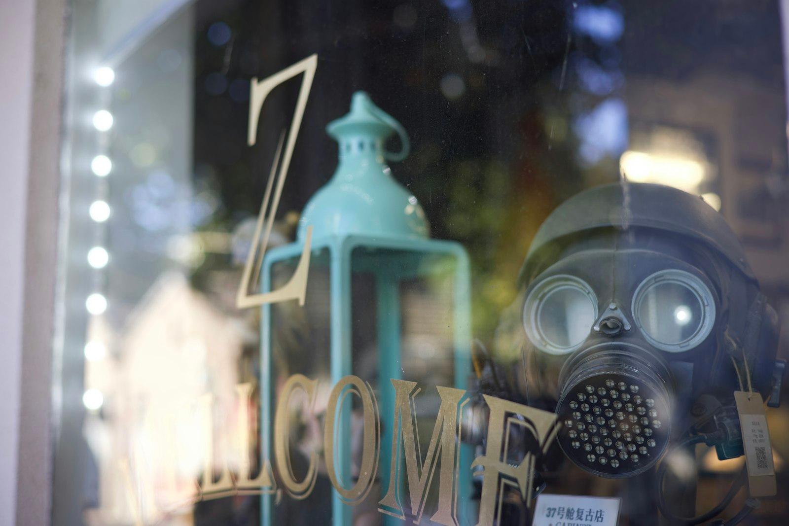 Gas Mask And Lantern In A Store Window jigsaw puzzle preview