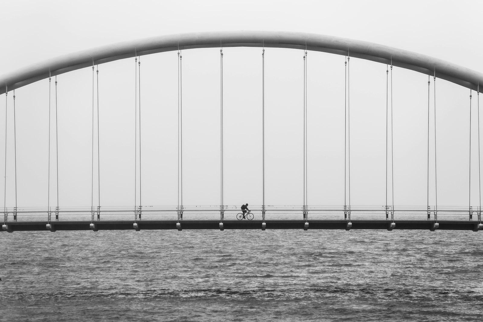 Gray Scale Photo Of Person Driving Bike On Bridge jigsaw puzzle preview