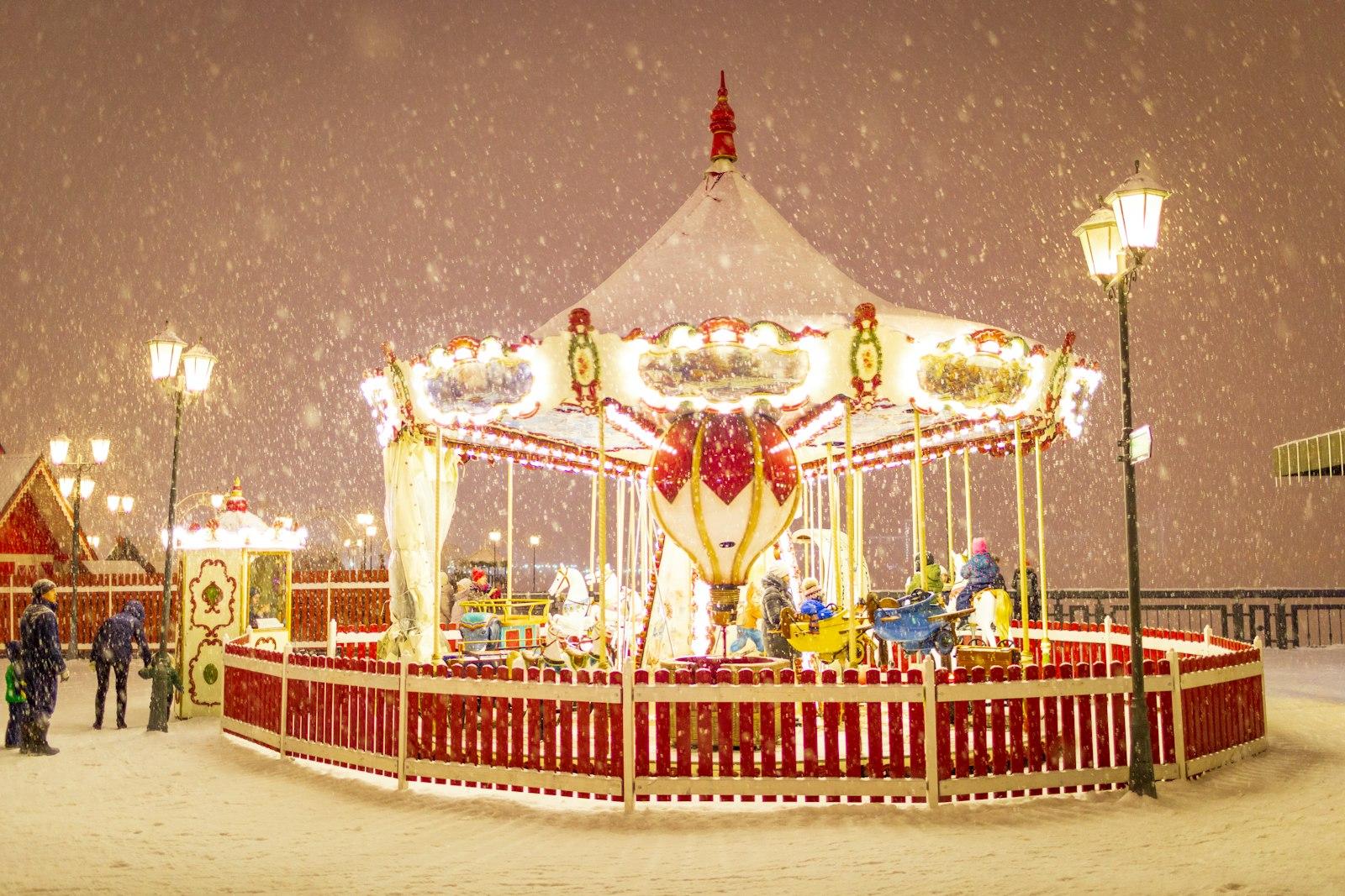 Red And White Carousel During Snowy Night jigsaw puzzle preview